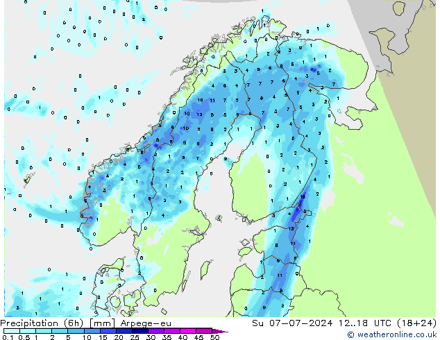 降水量 (6h) Arpege-eu 星期日 07.07.2024 18 UTC