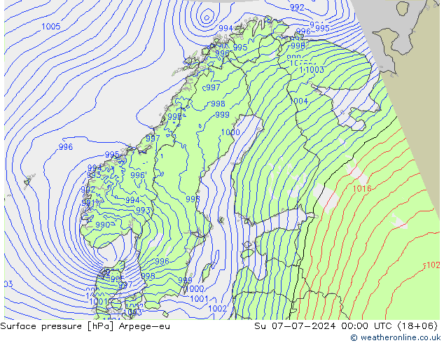 地面气压 Arpege-eu 星期日 07.07.2024 00 UTC