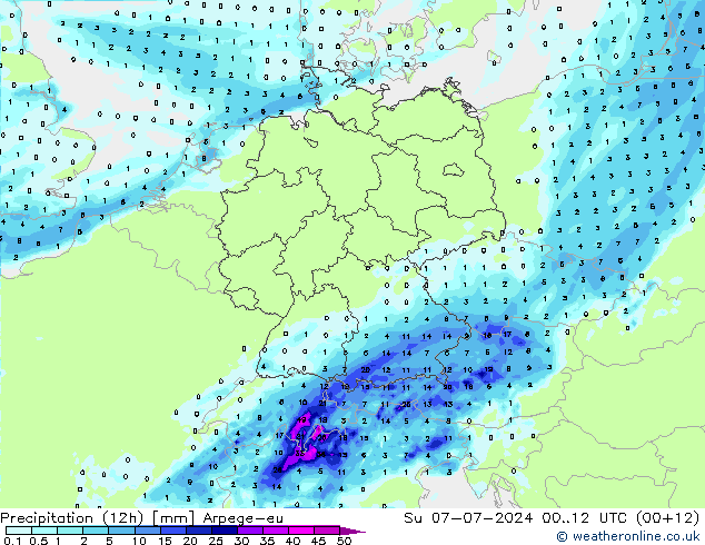 降水量 (12h) Arpege-eu 星期日 07.07.2024 12 UTC