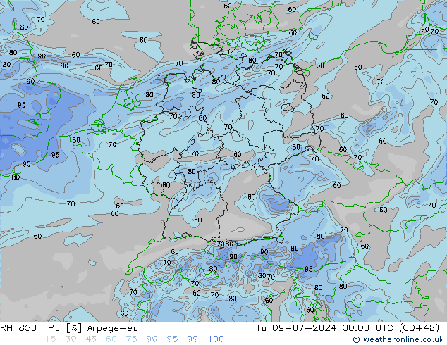 RH 850 hPa Arpege-eu 星期二 09.07.2024 00 UTC