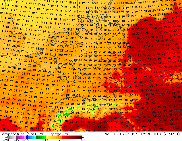 Temperatuurkaart (2m) Arpege-eu wo 10.07.2024 18 UTC
