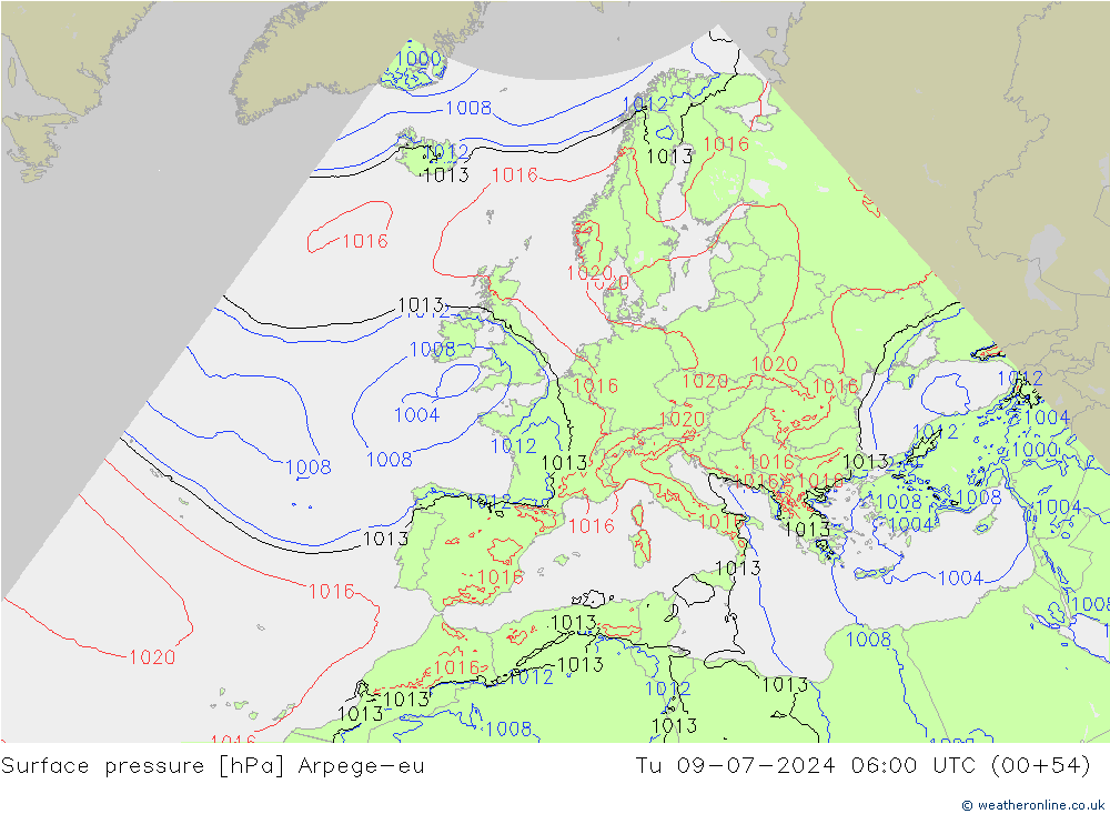 地面气压 Arpege-eu 星期二 09.07.2024 06 UTC