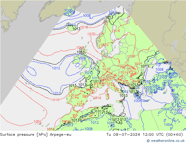 地面气压 Arpege-eu 星期二 09.07.2024 12 UTC