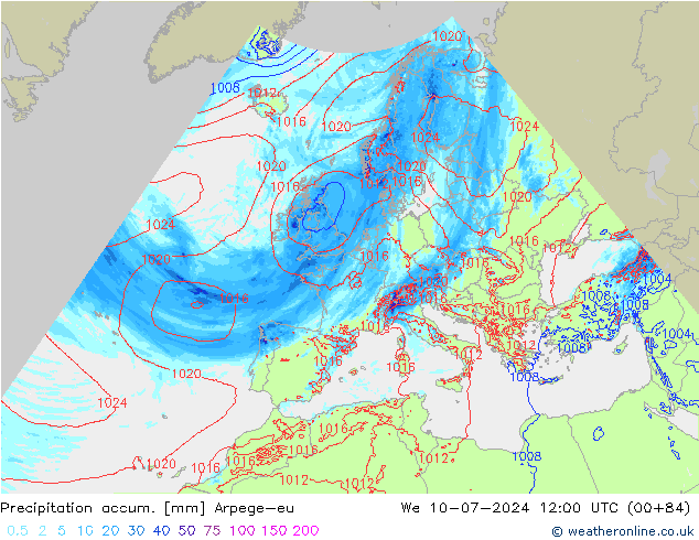 Totale neerslag Arpege-eu wo 10.07.2024 12 UTC