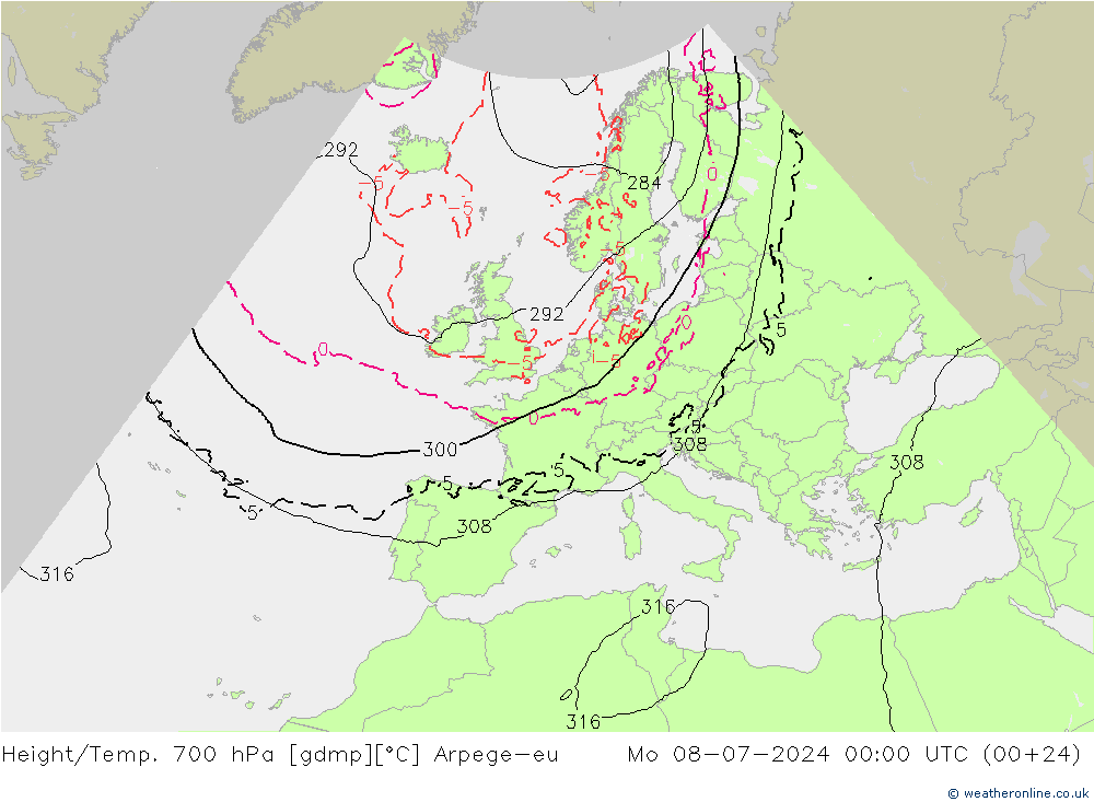 Hoogte/Temp. 700 hPa Arpege-eu ma 08.07.2024 00 UTC