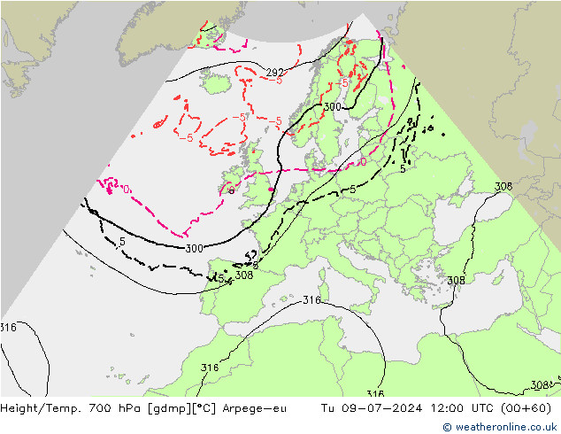 Hoogte/Temp. 700 hPa Arpege-eu di 09.07.2024 12 UTC