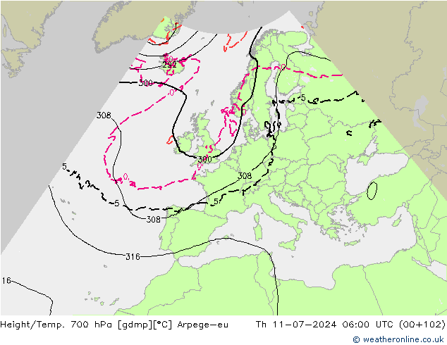 Height/Temp. 700 hPa Arpege-eu 星期四 11.07.2024 06 UTC