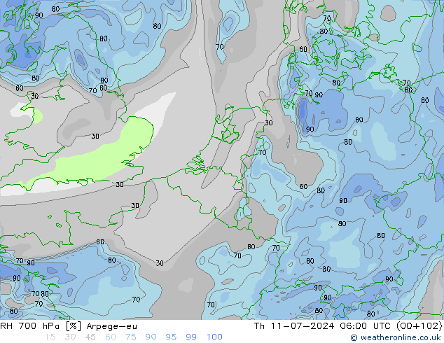 RH 700 hPa Arpege-eu 星期四 11.07.2024 06 UTC