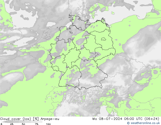 Bewolking (Laag) Arpege-eu ma 08.07.2024 06 UTC