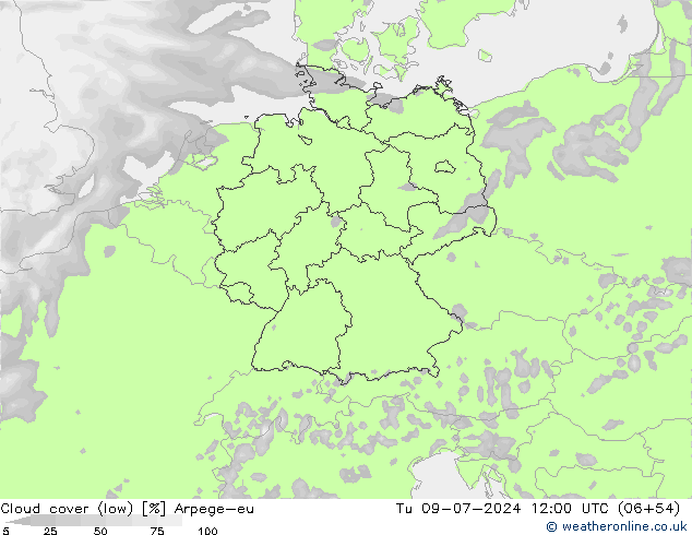 Bewolking (Laag) Arpege-eu di 09.07.2024 12 UTC