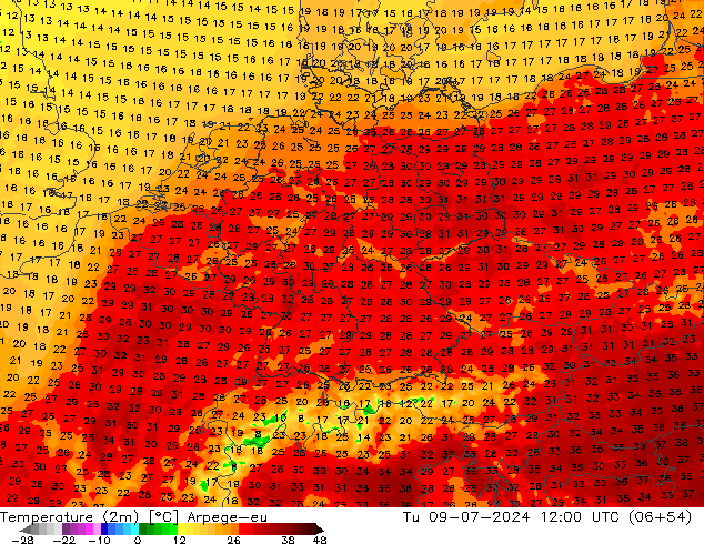 Temperatuurkaart (2m) Arpege-eu di 09.07.2024 12 UTC