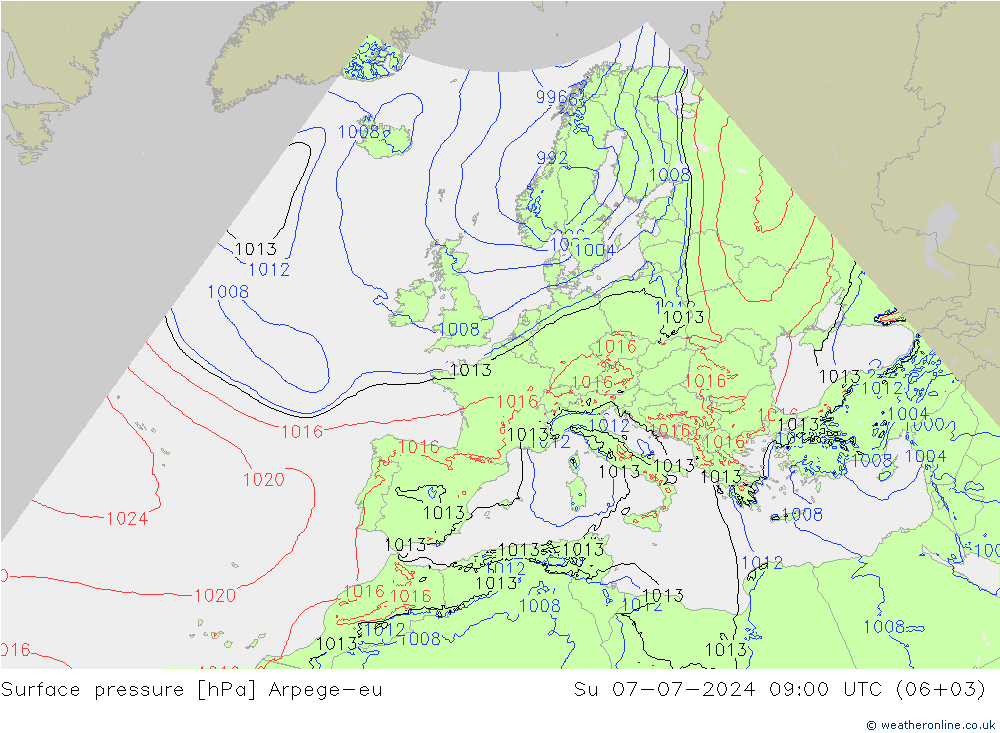 地面气压 Arpege-eu 星期日 07.07.2024 09 UTC