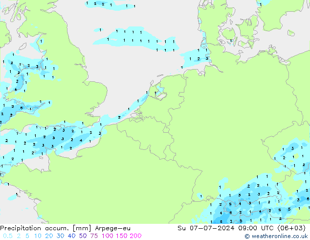 Precipitation accum. Arpege-eu 星期日 07.07.2024 09 UTC