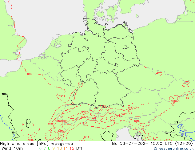 Windvelden Arpege-eu ma 08.07.2024 18 UTC