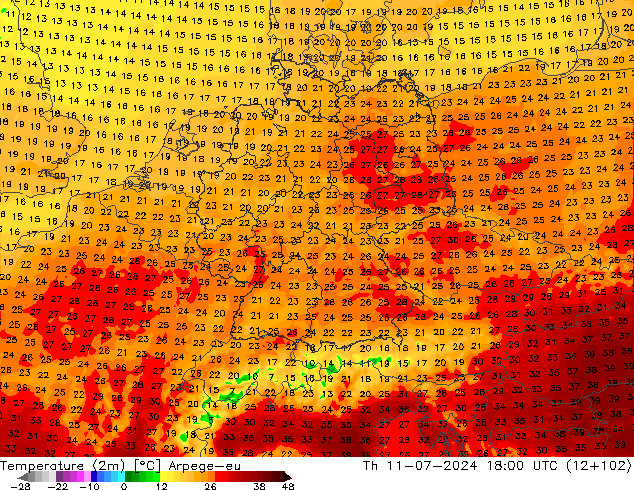 Temperatuurkaart (2m) Arpege-eu do 11.07.2024 18 UTC