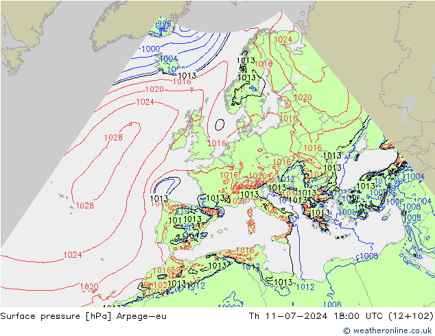 地面气压 Arpege-eu 星期四 11.07.2024 18 UTC