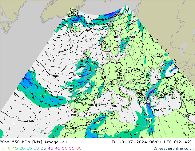 风 850 hPa Arpege-eu 星期二 09.07.2024 06 UTC