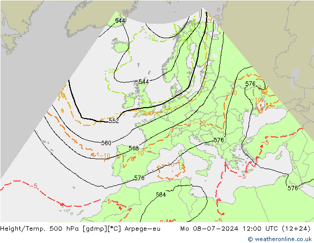 Height/Temp. 500 hPa Arpege-eu 星期一 08.07.2024 12 UTC