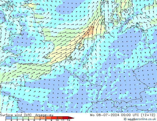 �N 10 米 (bft) Arpege-eu 星期一 08.07.2024 00 UTC