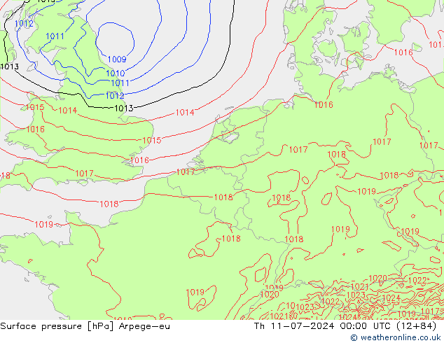 地面气压 Arpege-eu 星期四 11.07.2024 00 UTC