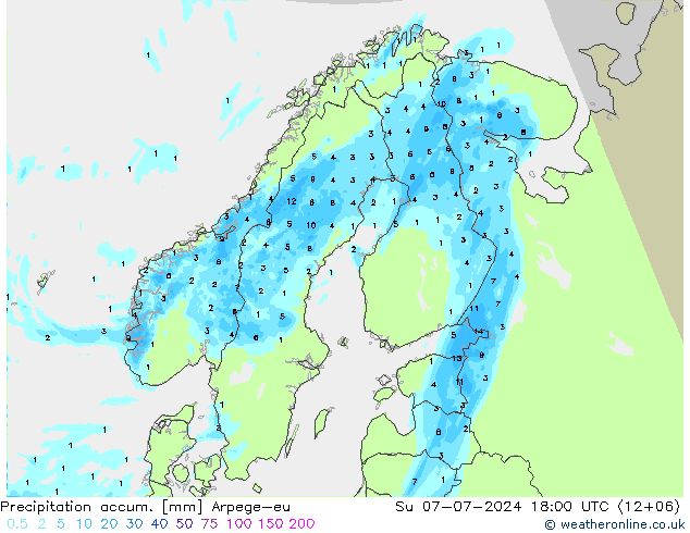 Precipitation accum. Arpege-eu 星期日 07.07.2024 18 UTC