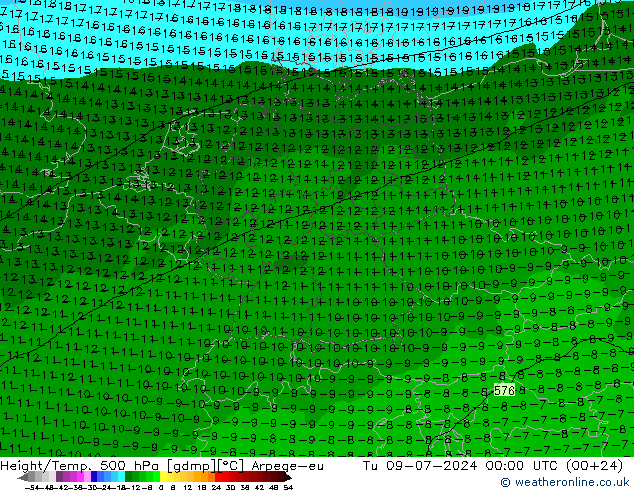 Hoogte/Temp. 500 hPa Arpege-eu di 09.07.2024 00 UTC