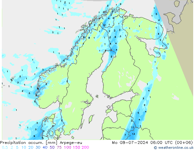 Precipitation accum. Arpege-eu 星期一 08.07.2024 06 UTC