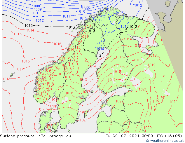 地面气压 Arpege-eu 星期二 09.07.2024 00 UTC