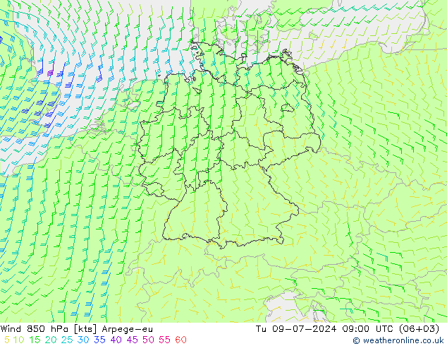 Wind 850 hPa Arpege-eu di 09.07.2024 09 UTC