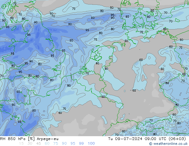 RH 850 hPa Arpege-eu 星期二 09.07.2024 09 UTC
