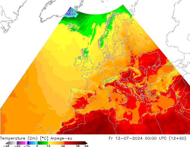 Temperatuurkaart (2m) Arpege-eu vr 12.07.2024 00 UTC
