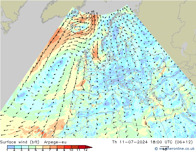 Wind 10 m (bft) Arpege-eu do 11.07.2024 18 UTC