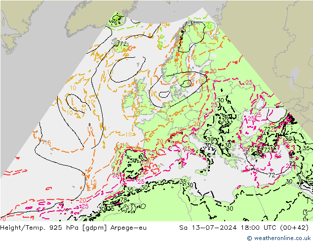 Hoogte/Temp. 925 hPa Arpege-eu za 13.07.2024 18 UTC