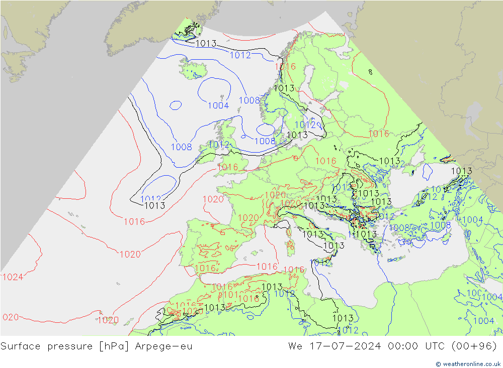 地面气压 Arpege-eu 星期三 17.07.2024 00 UTC