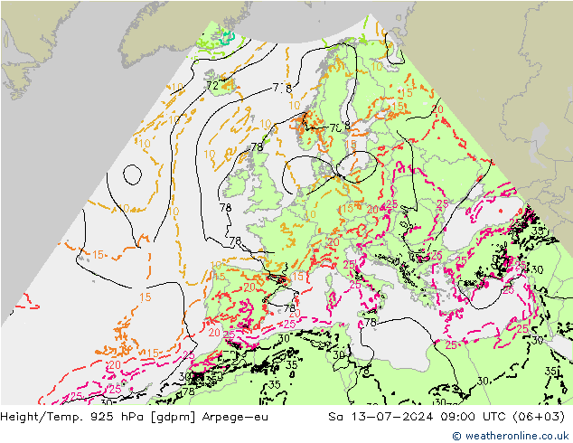 Height/Temp. 925 hPa Arpege-eu 星期六 13.07.2024 09 UTC