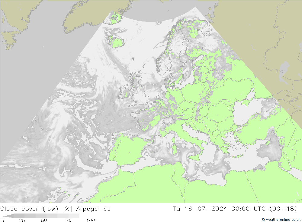 Bewolking (Laag) Arpege-eu di 16.07.2024 00 UTC