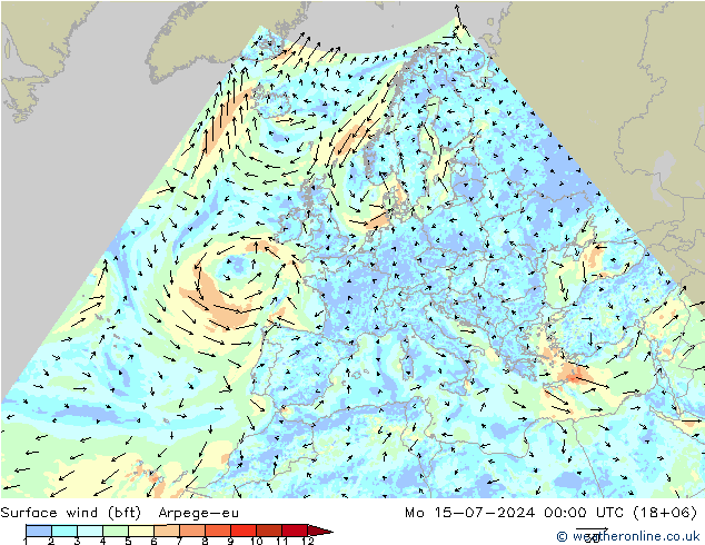 Wind 10 m (bft) Arpege-eu ma 15.07.2024 00 UTC