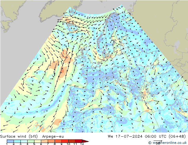 Wind 10 m (bft) Arpege-eu wo 17.07.2024 06 UTC