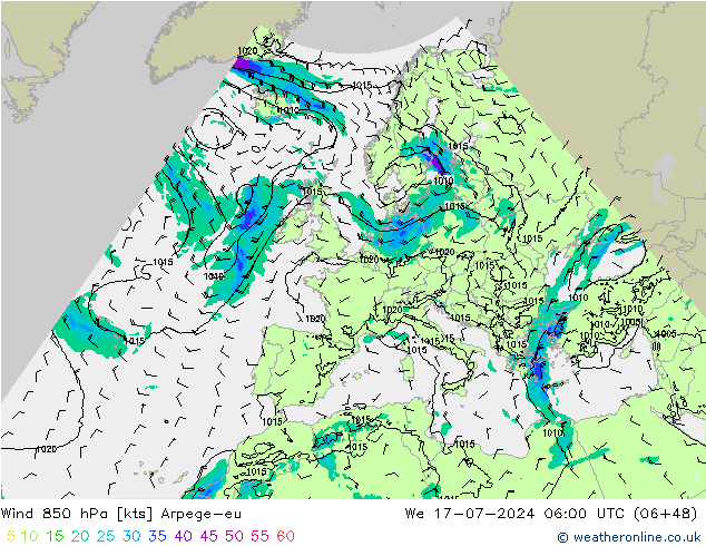 Wind 850 hPa Arpege-eu wo 17.07.2024 06 UTC