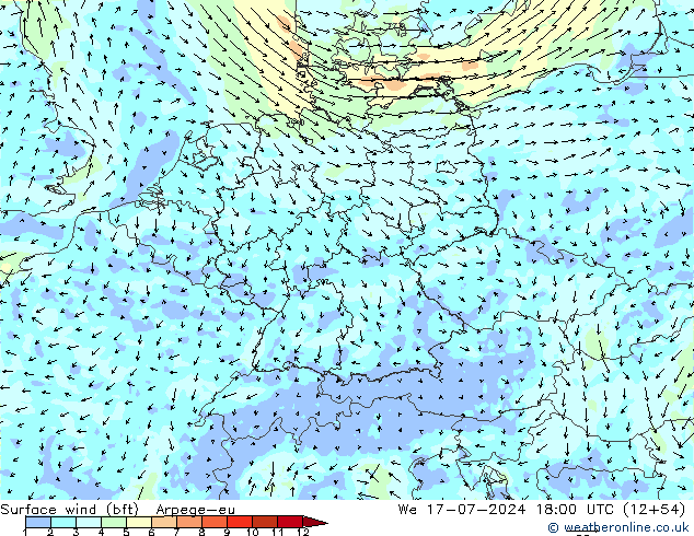 Wind 10 m (bft) Arpege-eu wo 17.07.2024 18 UTC
