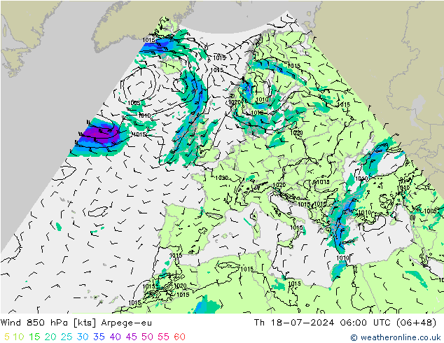 Wind 850 hPa Arpege-eu do 18.07.2024 06 UTC