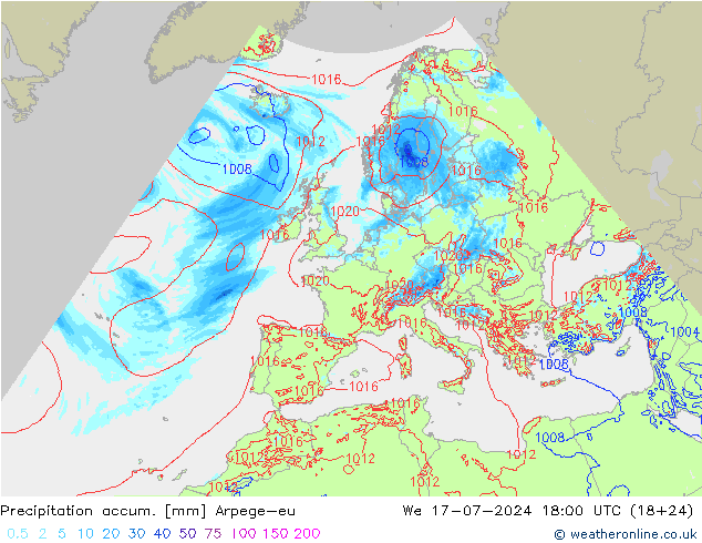 Totale neerslag Arpege-eu wo 17.07.2024 18 UTC