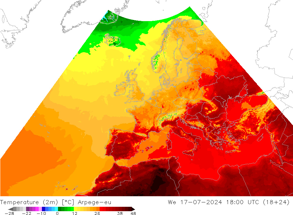 Temperatuurkaart (2m) Arpege-eu wo 17.07.2024 18 UTC