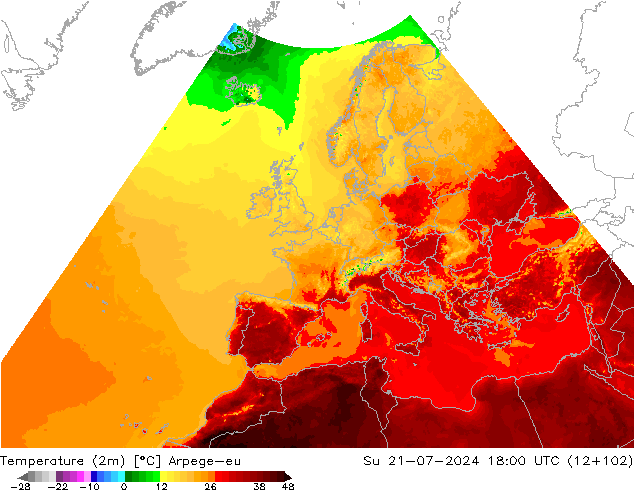 Temperatuurkaart (2m) Arpege-eu zo 21.07.2024 18 UTC