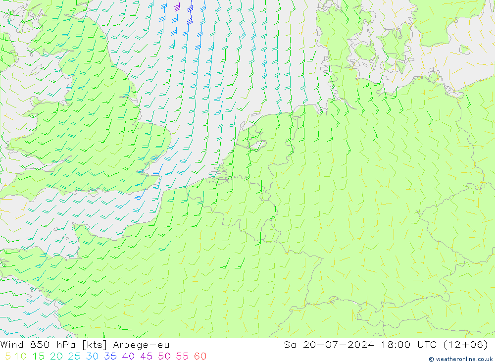 Wind 850 hPa Arpege-eu za 20.07.2024 18 UTC