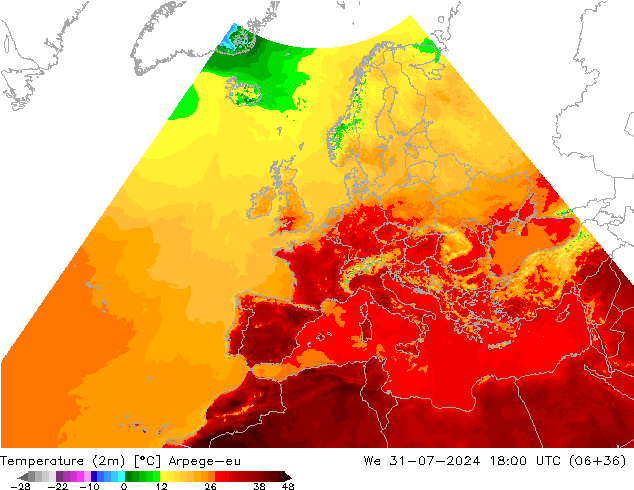 温度图 Arpege-eu 星期三 31.07.2024 18 UTC
