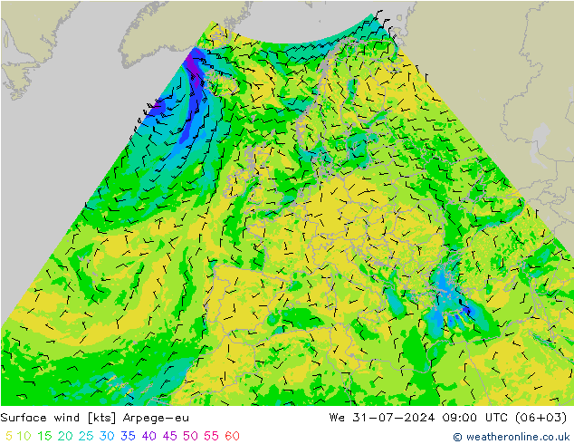 Wind 10 m Arpege-eu wo 31.07.2024 09 UTC