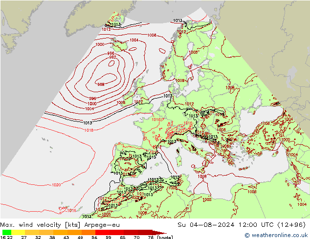 Max. wind velocity Arpege-eu 星期日 04.08.2024 12 UTC