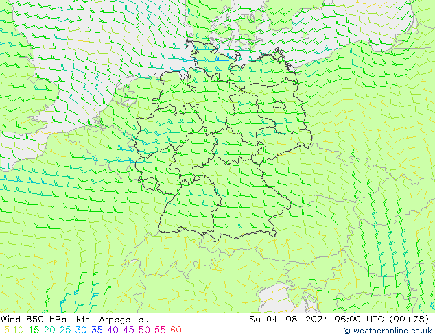 风 850 hPa Arpege-eu 星期日 04.08.2024 06 UTC