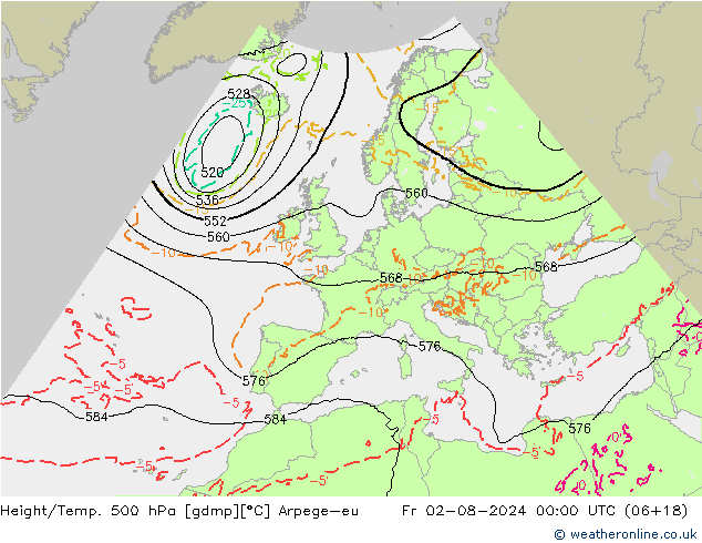 Height/Temp. 500 hPa Arpege-eu 星期五 02.08.2024 00 UTC